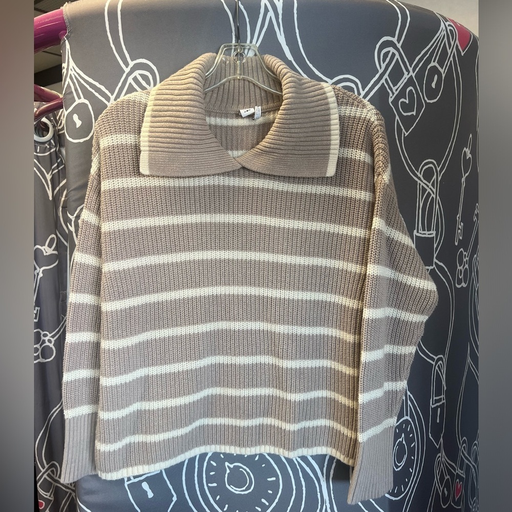 Twik Beige and White Striped Cowl Neck Sweater